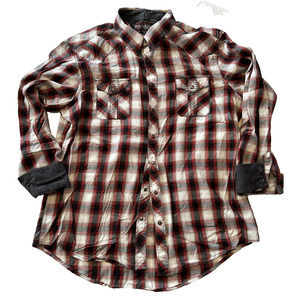 Rock&Roll Cowboy Plaid XL Shirt Red/Black/White Pearl Snap Long Sleeve Flip Cuff